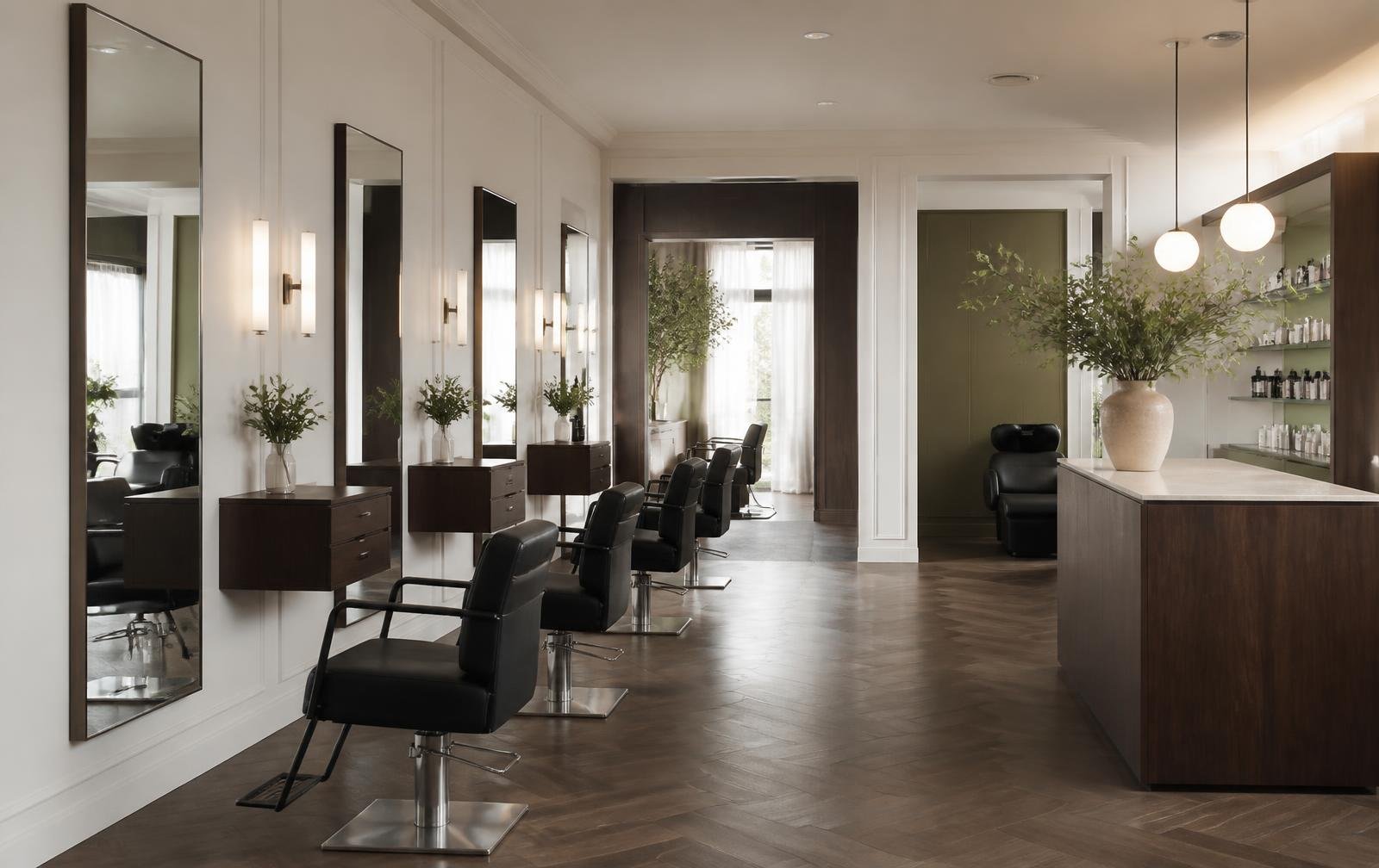 Interior of a modern unisex salon with styling stations